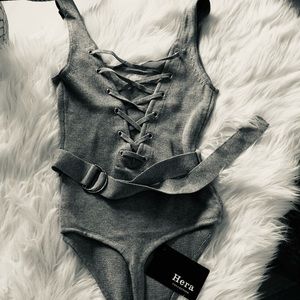 Gray laced up bodysuit with waist belt 2 (S) avail